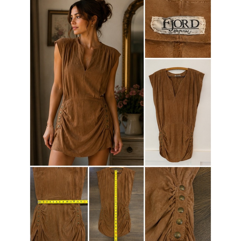 Vintage Fjord Magazine Brown Suede Mini Dress V-Neck Ruched Boho Western Small - Picture 1 of 8